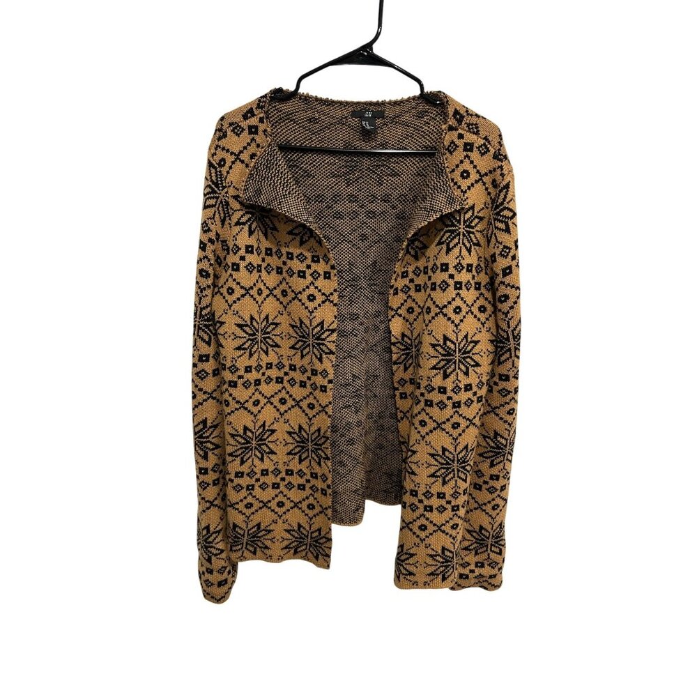 H&M XL Tan Black Nordic Pattern Knit Cardigan Sweater Grandpa Cozy Neutral
